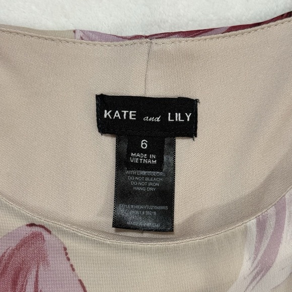 Kate & Lily Cream Pink Floral Smocked Waist Midi Dress Sheer Long Sleeves Size 6 - Picture 5 of 5